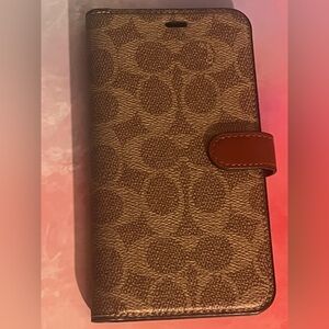Coach Brown Signature Print Wallet Phone Case with Brown Snap